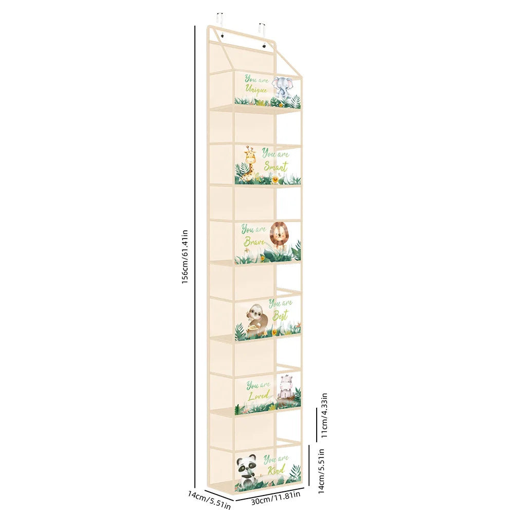 A vertical wooden over-the-door hanging organizer with clear compartments for storing small items.