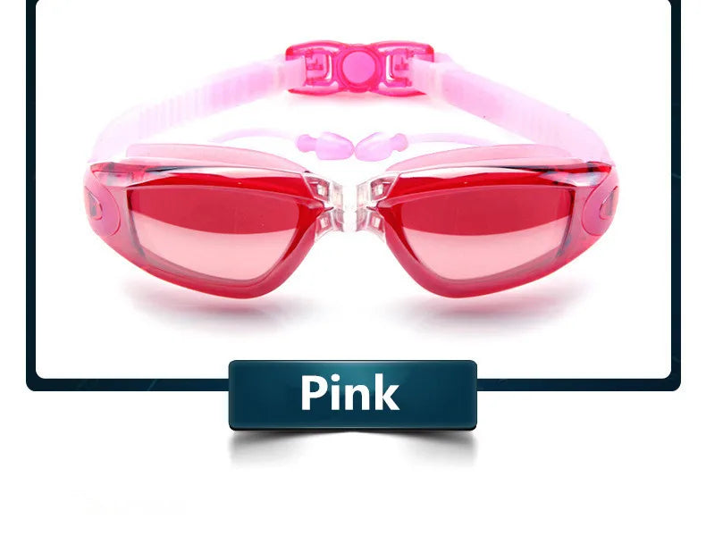 Pinke Anti-Fog-Schwimmbrillen mit UV-Schutz vor weißem Hintergrund.