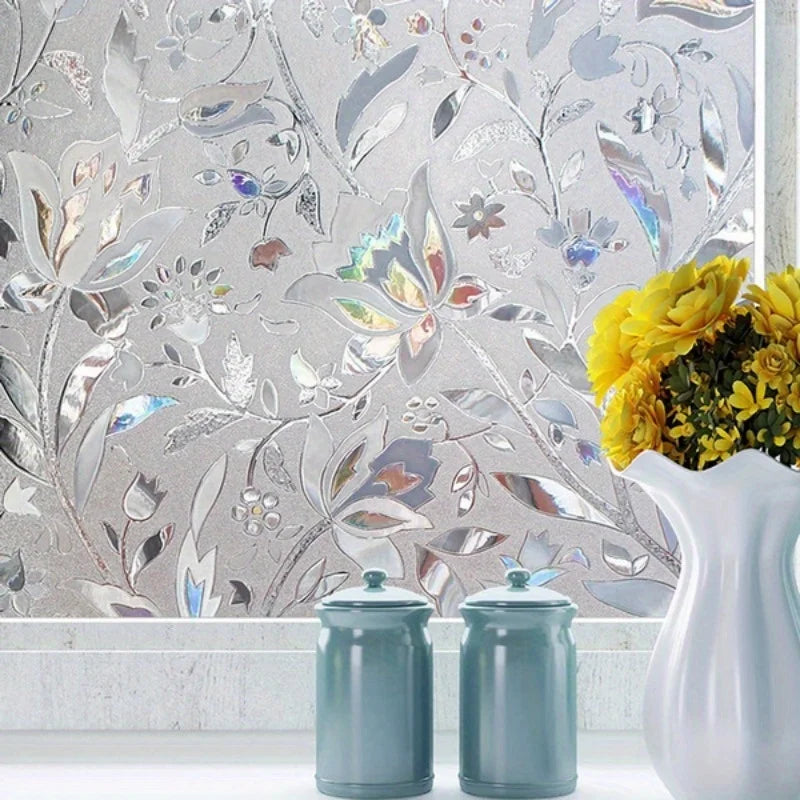 Elegant tulip privacy window film featuring floral designs and iridescent accents