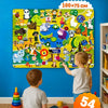 A colorful felt storytelling board featuring various zoo animals displayed on a blue wall with a child interacting with the b