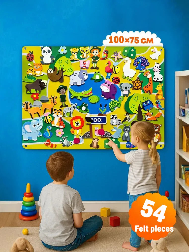 A colorful felt storytelling board featuring various zoo animals displayed on a blue wall with a child interacting with the b