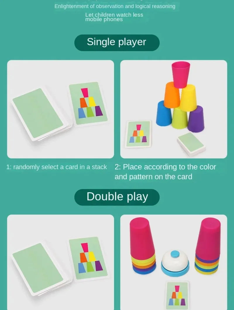 A set of cards and cups for a single or double play game where children match colors and patterns.