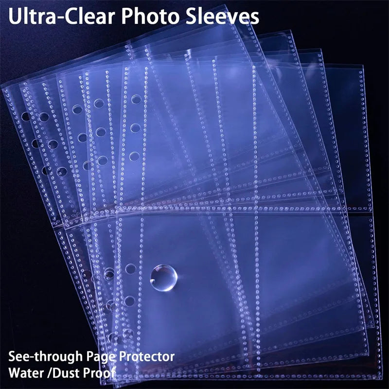 Ultra-Clear Photo Sleeves are shown in a stack, demonstrating their see-through protection for photos.