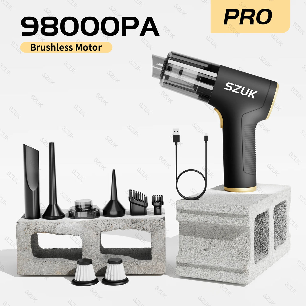 A black cordless vacuum cleaner with a brushless motor and a detachable nozzle is displayed on a white block.