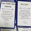 Two cards from an English Oracle deck showing messages like You Feel Like Home and It's On