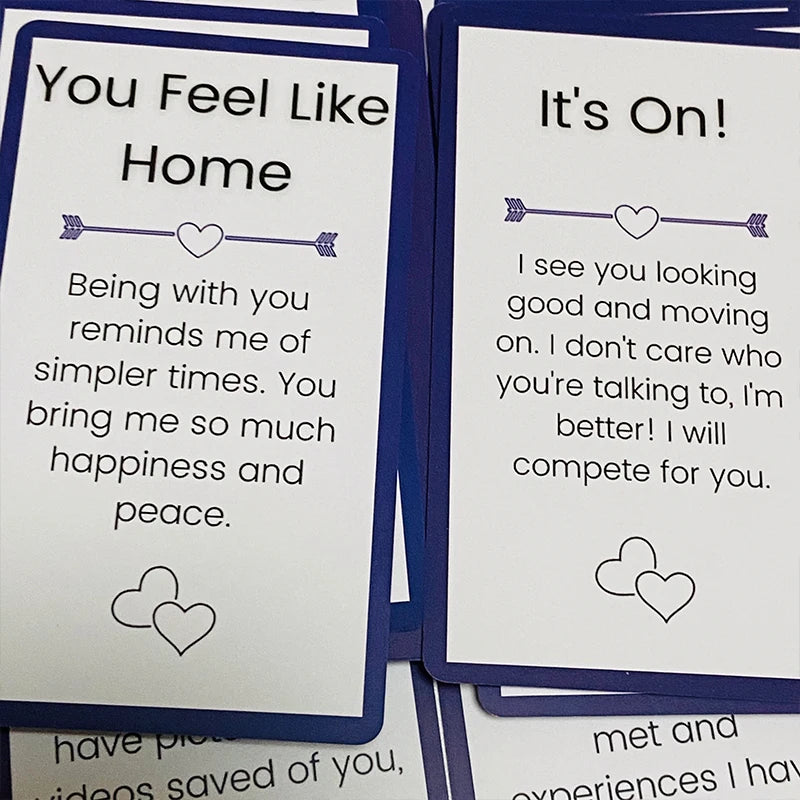 Two cards from an English Oracle deck showing messages like You Feel Like Home and It's On