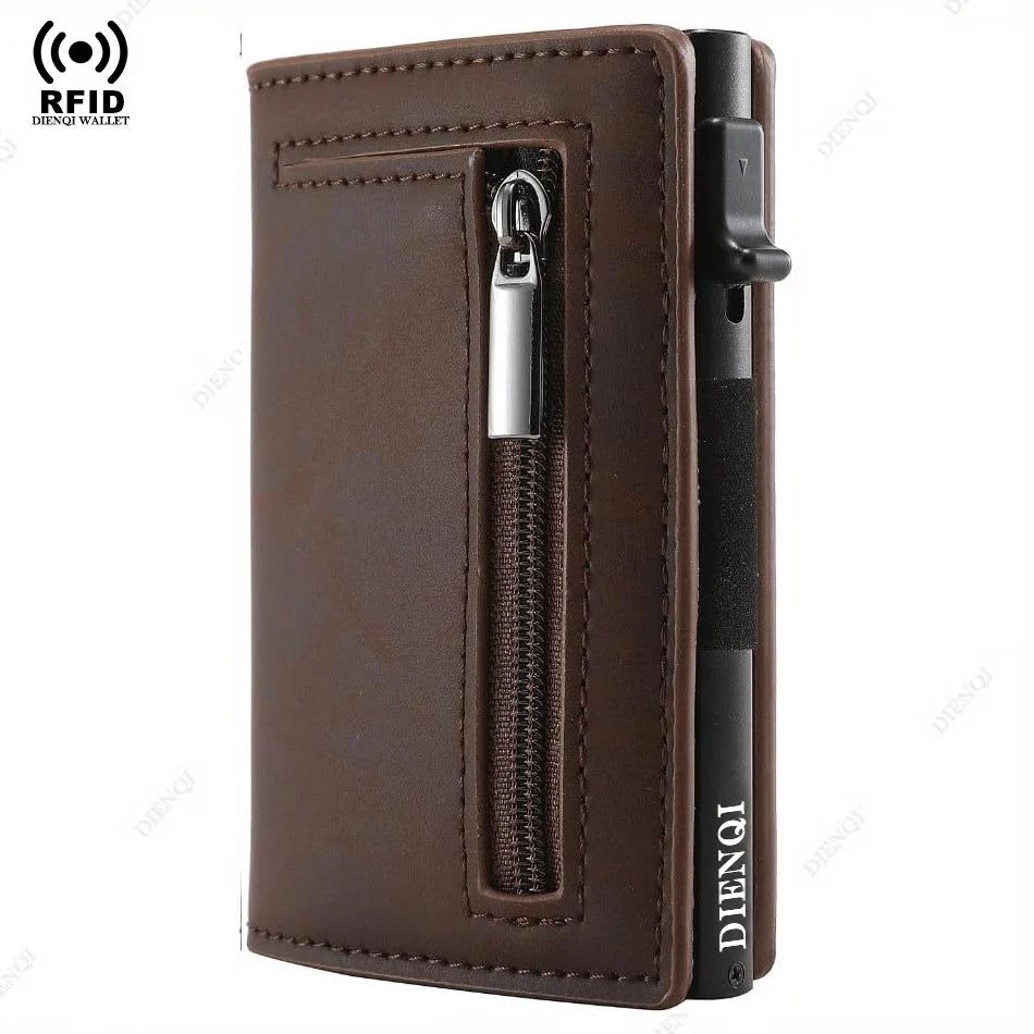 Portefeuille en cuir marron avec fermeture éclair et protection RFID.