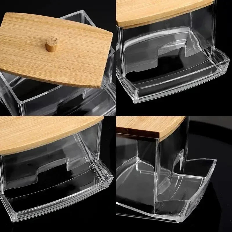 Transparent Cotton Swab & Toiletry Storage Box with Bamboo Lid
