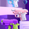 Three brightly colored mini 3D printed gravity fidget pistols displayed on purple and pink tiered platforms.