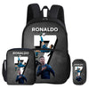 A black football themed backpack set featuring Ronaldo imagery, including a main backpack and a pencil bag.