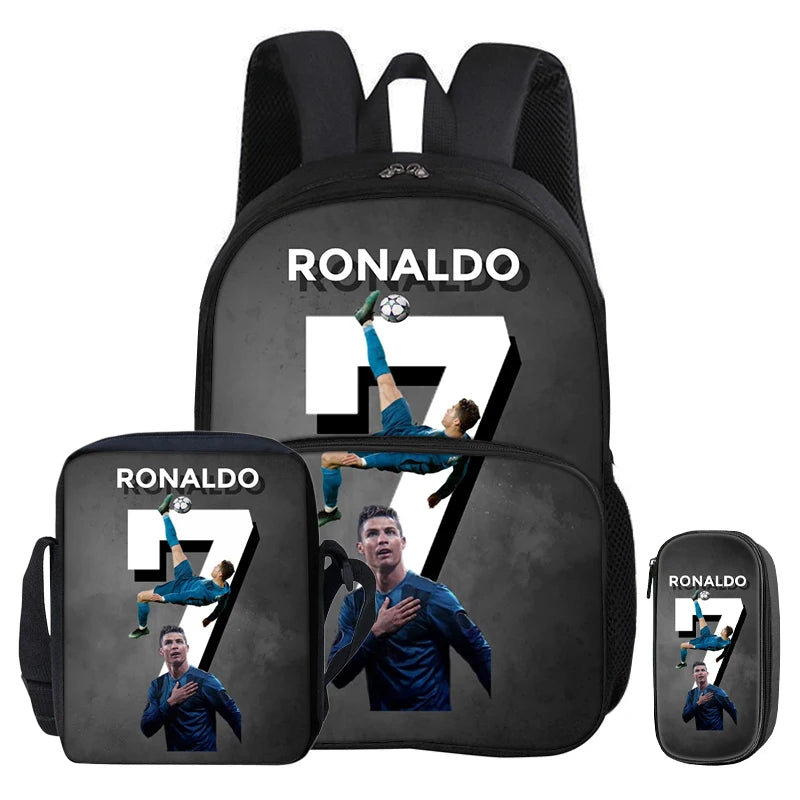 A black football themed backpack set featuring Ronaldo imagery, including a main backpack and a pencil bag.
