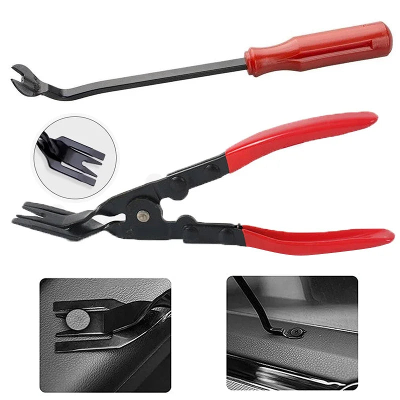 A set of automotive trim removal tools including a clip puller and a specialized tool for removing interior trim.