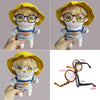 A plush doll wearing yellow sunglasses and a straw hat, shown in two different styles.