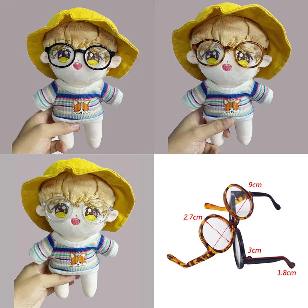 A plush doll wearing yellow sunglasses and a straw hat, shown in two different styles.