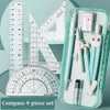 A transparent case holds a 9-piece geometry drawing set including rulers, compasses, and protractor tools.