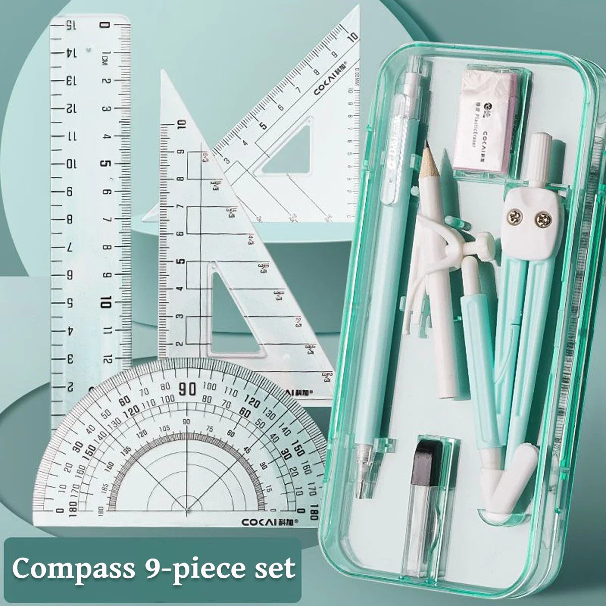 A transparent case holds a 9-piece geometry drawing set including rulers, compasses, and protractor tools.