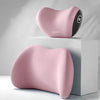 A pink memory foam car headrest and lumbar support pillow set shown in various forms.