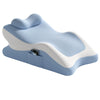 Light blue memory foam full-body support pillow with a white accent and a storage slot.