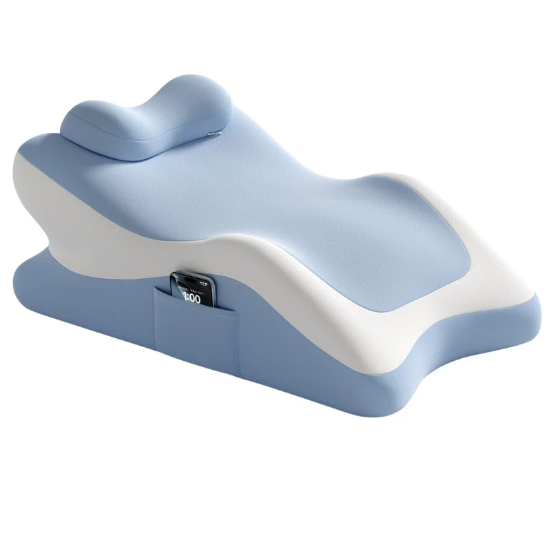 Light blue memory foam full-body support pillow with a white accent and a storage slot.