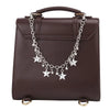 A dark brown leather handbag with a silver star chain strap.