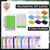 A display of nine holographic art sleeves in various colors and shapes, including heart-shaped protectors.