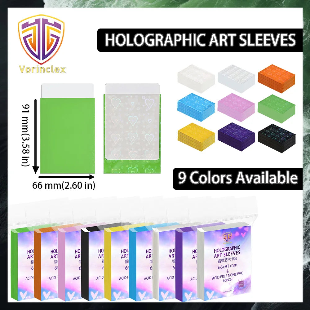 A display of nine holographic art sleeves in various colors and shapes, including heart-shaped protectors.
