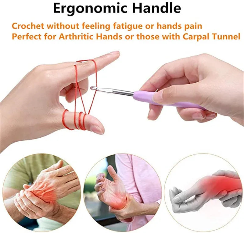 A hand is using an ergonomic crochet hook to work on a craft, demonstrating its comfort for arthritic hands.