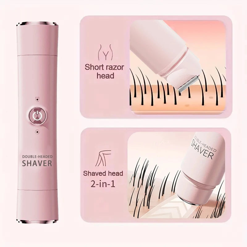 A pink double-headed shaver device shown with close-ups of the short razor head and shaved head modes.