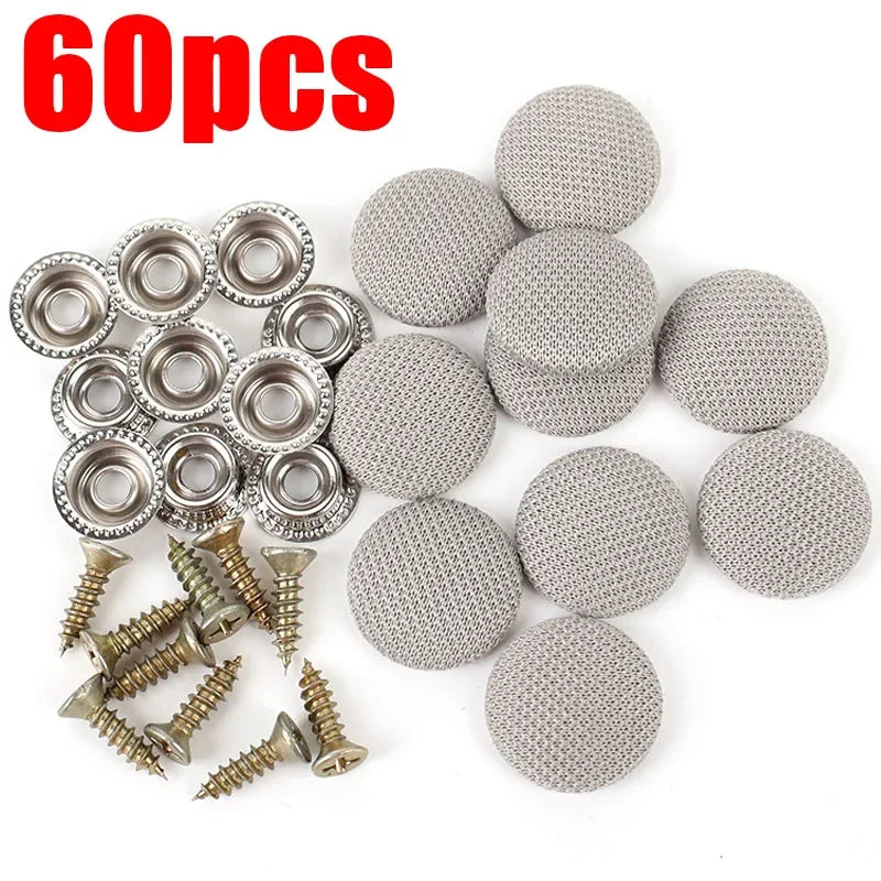 Set of 60 round silver and gray plastic fixing buckles and screws for universal car roof installation.