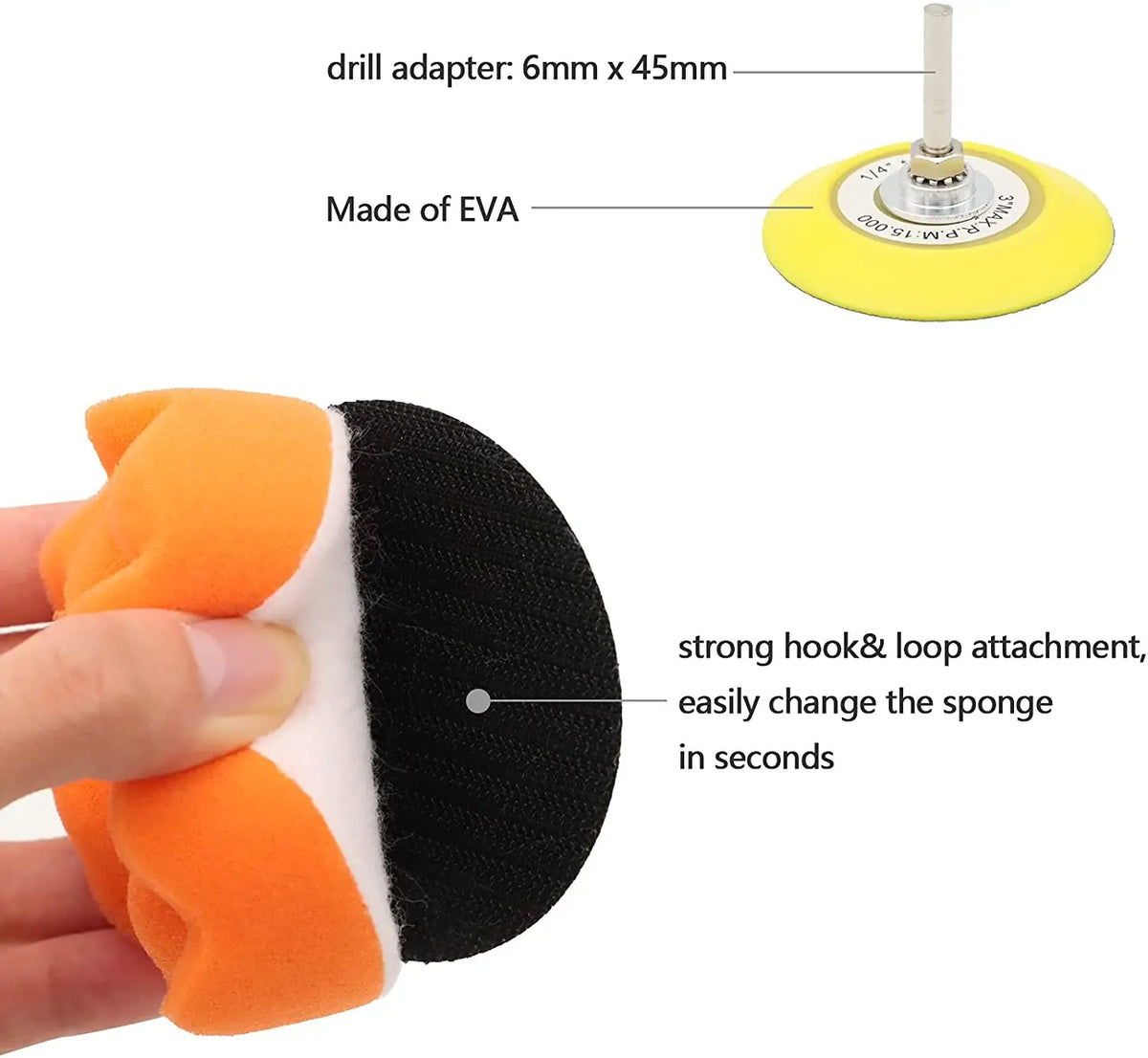 A hand holds an orange sponge and a black pad component of a headlight restoration kit.