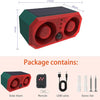 A red and green solar alarm package containing a solar alarm unit, remote, USB cable, and screw set.