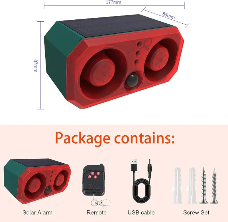 A red and green solar alarm package containing a solar alarm unit, remote, USB cable, and screw set.