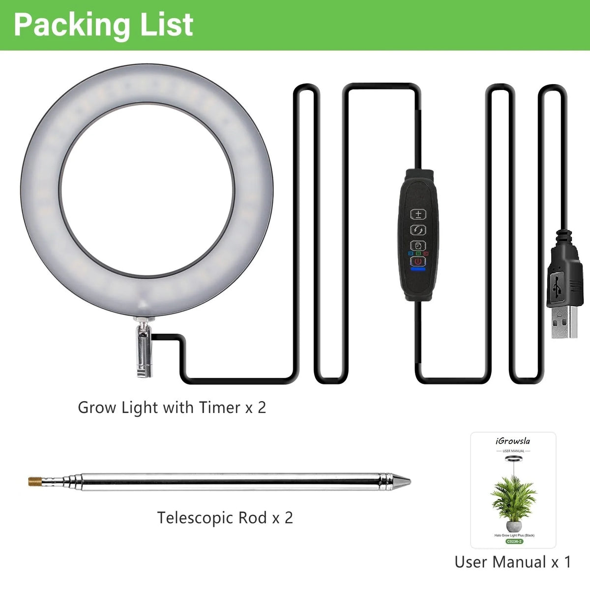 Packing list for a grow light kit including grow lights, timers, and telescopic rods.