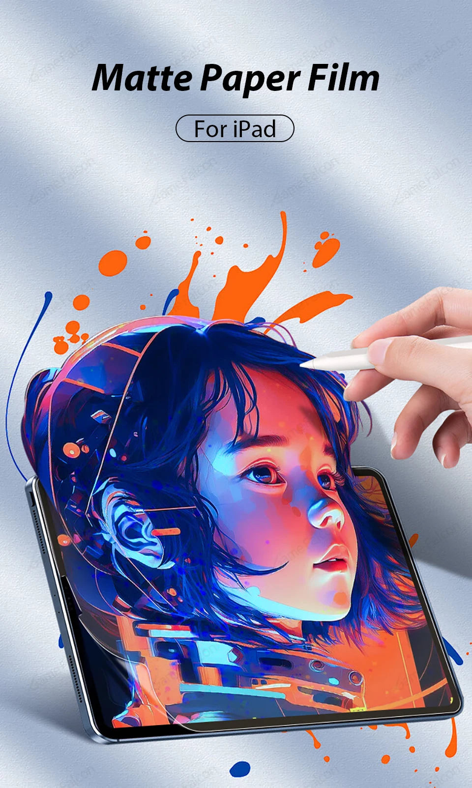 A hand is applying a matte paper film screen protector for an iPad, showing vibrant colors on the device.