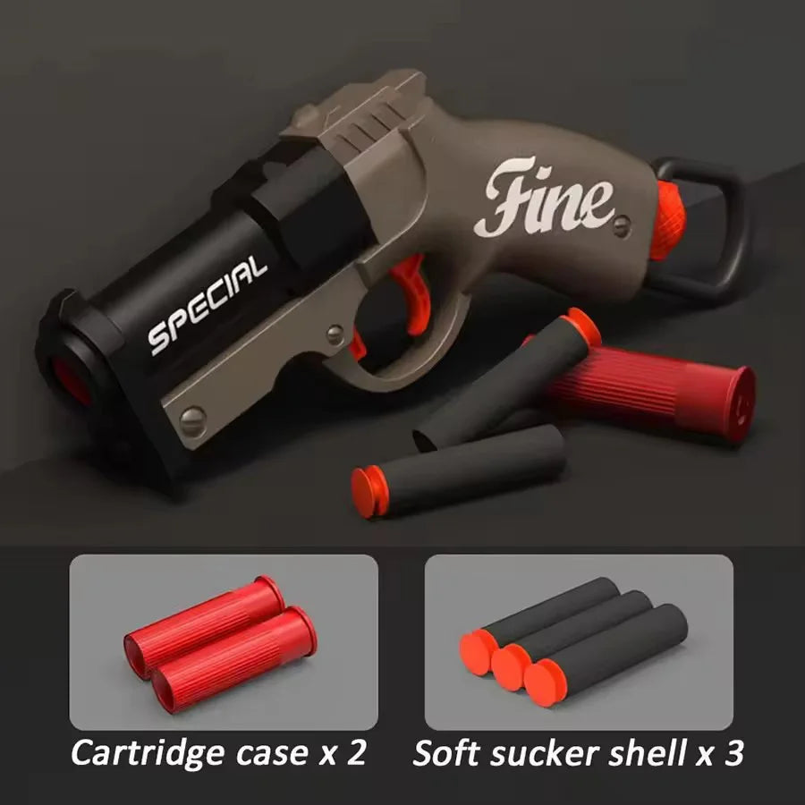 A brown toy gun is shown with cartridge cases and soft sucker shells for use.