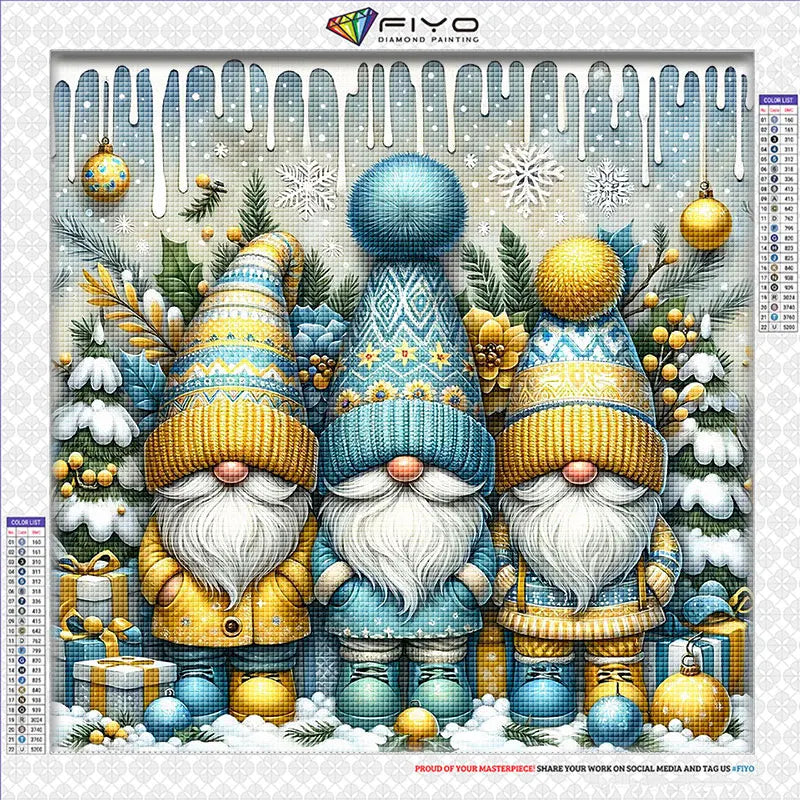 Kit de peinture de diamants avec un mosaïque de trois gnomes barbus en tenue de fête d'hiver