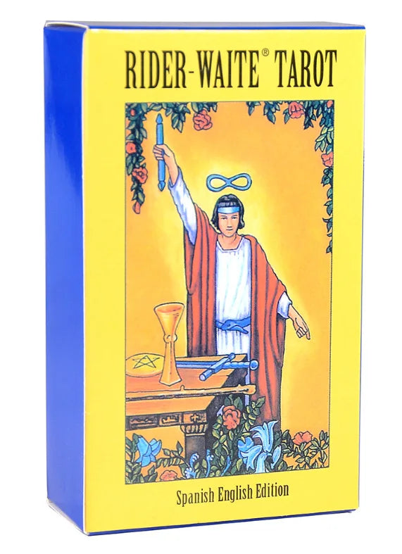 A yellow box for the Rider-Waite Tarot deck with a Spanish English edition label.