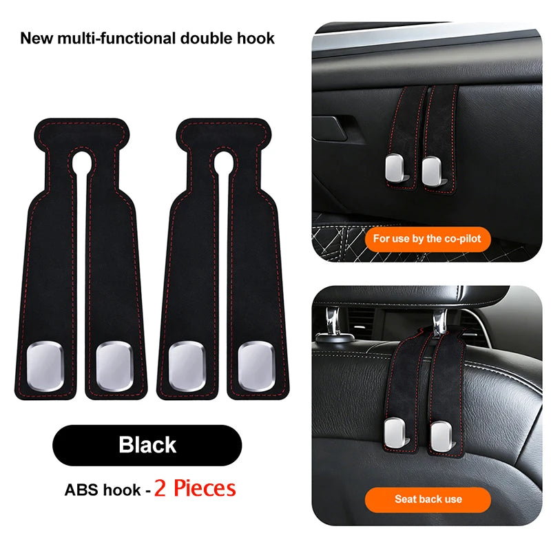 Black ABS double hook set for car seat back use with suede finish