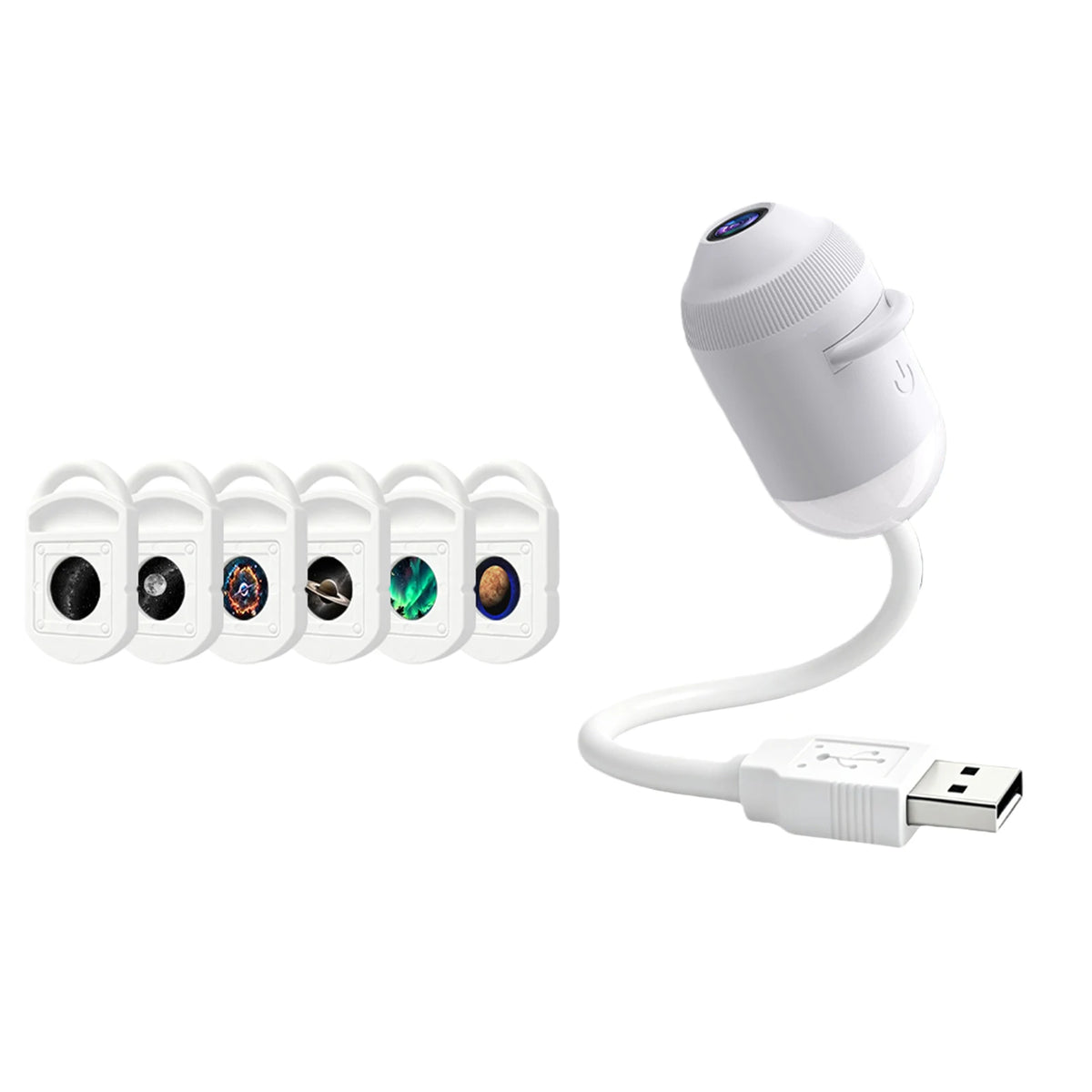 A white 2-in-1 mini galaxy star projector night light with multiple colored light patterns and a USB connector.