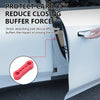A hand is shown applying a silicone shock-absorbing pad device to the door frame of a car to reduce closing buffer force.