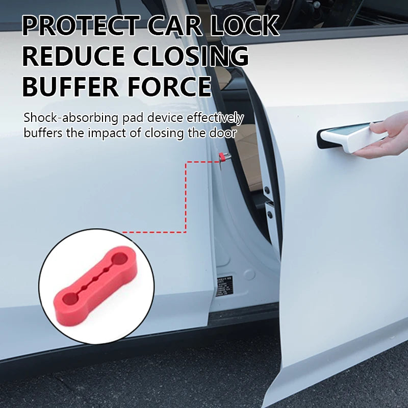 A hand is shown applying a silicone shock-absorbing pad device to the door frame of a car to reduce closing buffer force.