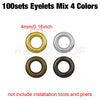 A set of four 4mm metal eyelets in gold, silver, bronze, and black finishes.