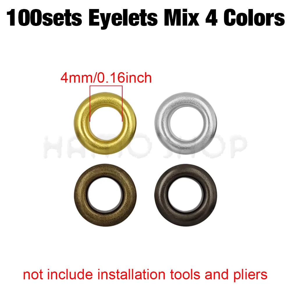 A set of four 4mm metal eyelets in gold, silver, bronze, and black finishes.