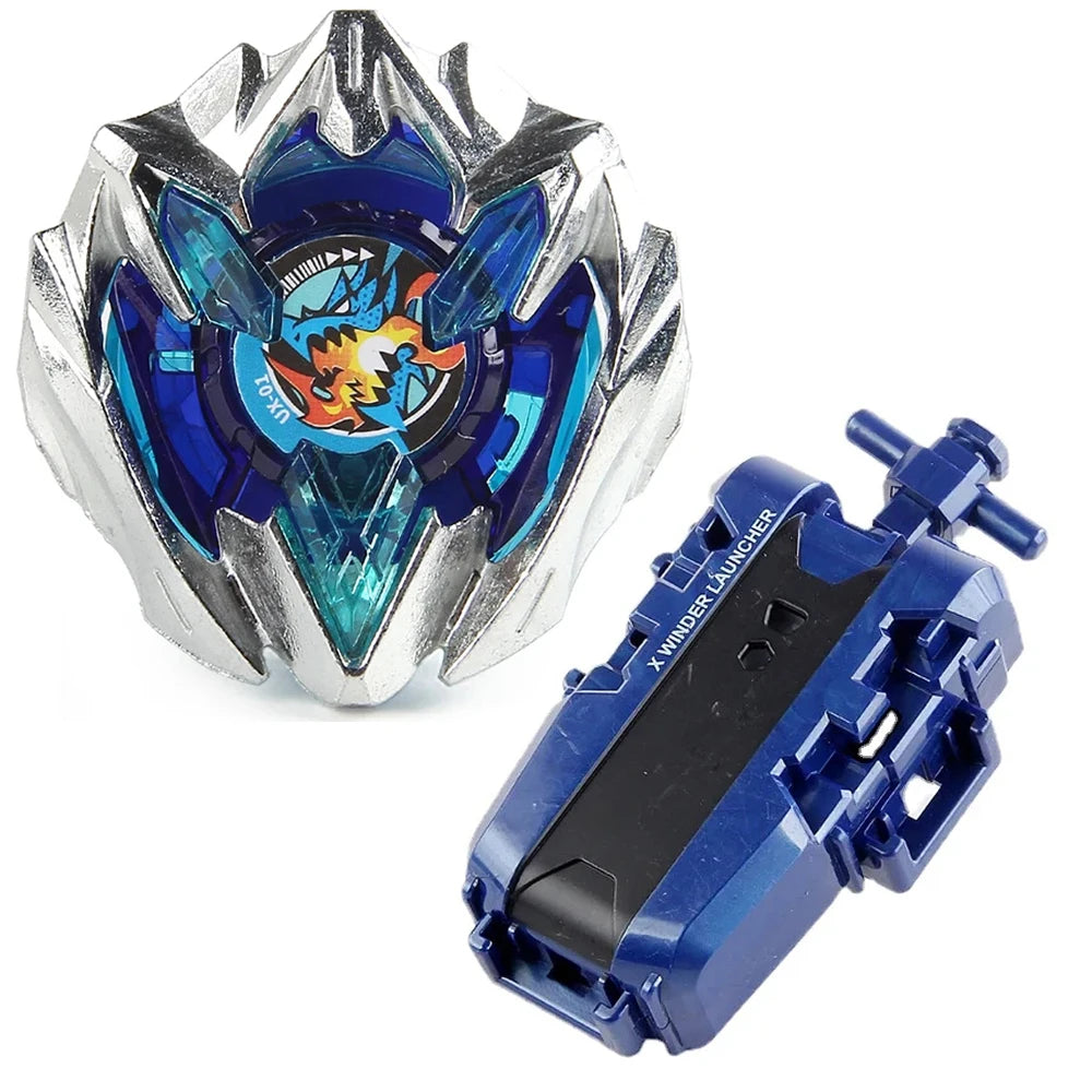 A Beyblade starter set featuring a silver phoenix wing and blue drumsword components.