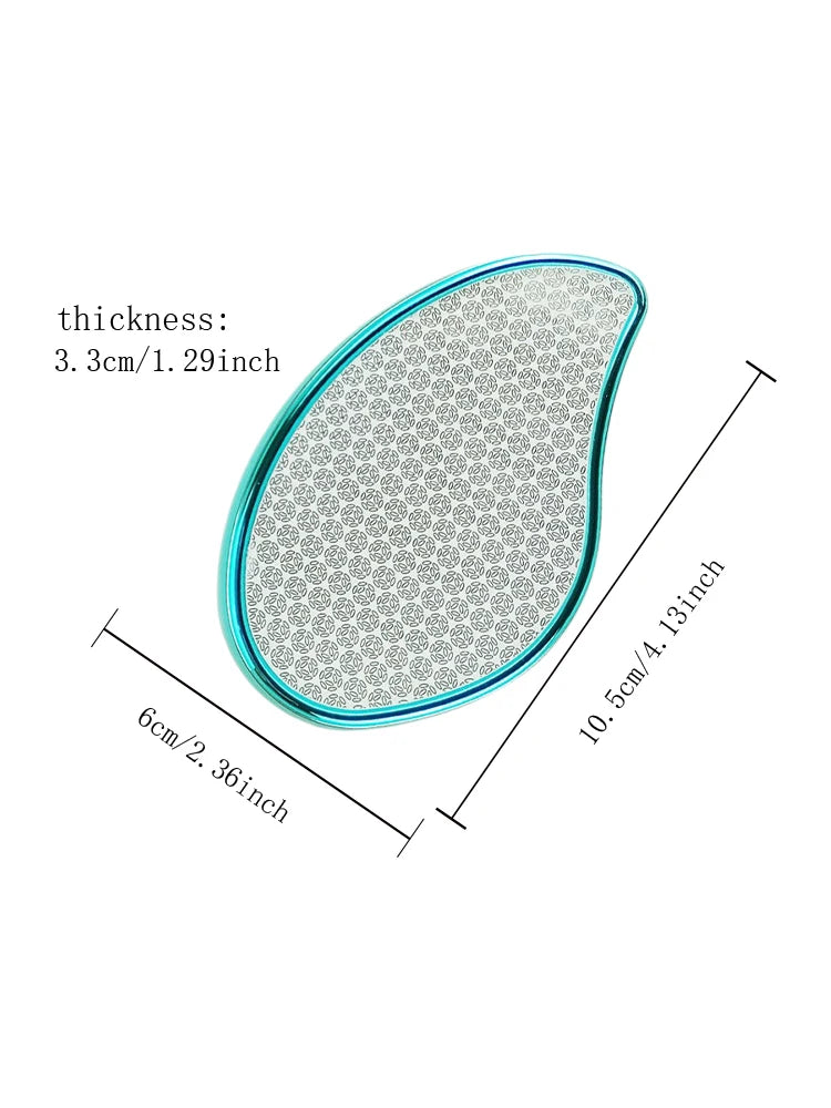A clear glass hair remover with a teardrop shape, showing dimensions of 10.5cm (4.1 inches) in length and 6cm (2.36 inches) i