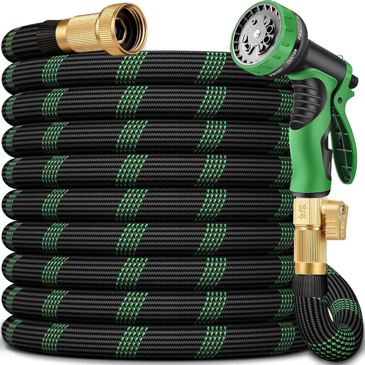 A stack of black garden hoses with green accents and brass nozzles.