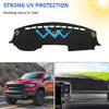 Black custom fit dash cover with UV protection features shown on a Ram truck and a close-up of the interior