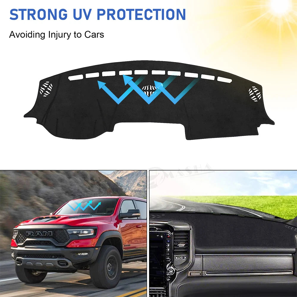 Black custom fit dash cover with UV protection features shown on a Ram truck and a close-up of the interior