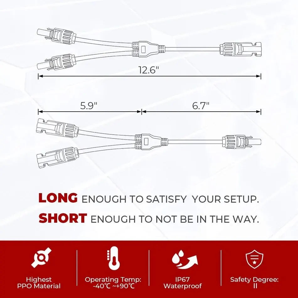 A diagram showing the dimensions of Y-Branch Parallel Solar Panel Connectors, including lengths of 12.6 inches and 5.9 to 6.7
