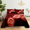 A close-up of a red rose digital print bedding set featuring deep red and pink roses on a dark background.